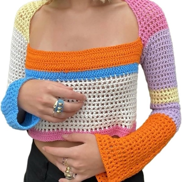 Women Hollow Out Crochet Knit
Sweater Crop Tops Color Blocking Large - Picture 1 of 9
